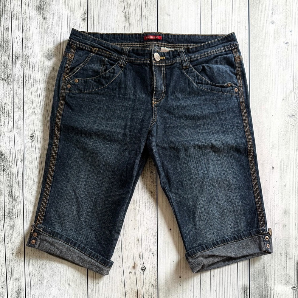 Stretch Denim Bermuda Shorts Contrast Stitch Dark Wash Blue Womens 15 Unionbay